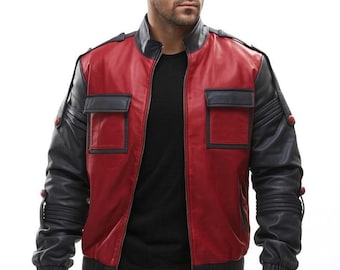 Jaqueta bomber masculina em couro sintético vermelho e preto – peça de roupa casual e estilosa