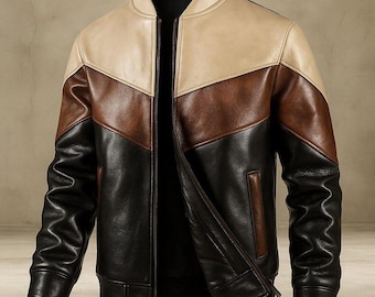 Men’s Color Block Leather Jacket – Black, Brown & Beige Bomber Style genuine leather