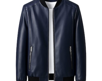 Men’s Navy Blue Leather Bomber Jacket – Minimalist, Modern & Versatile genuine leather