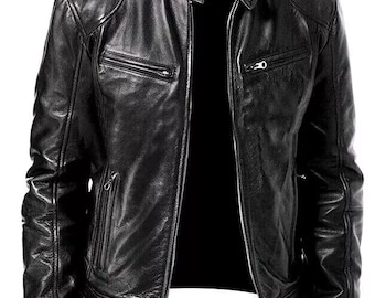 Men's Black Leather Cafe Racer Jacket: Slim Fit Motorcycle Biker