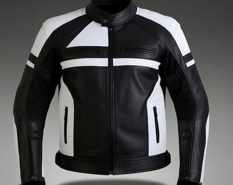 May include: A black and white leather jacket with a stand-up collar and a front zipper. The jacket features white accents on the shoulders, sleeves, and sides. It has two zippered pockets on the chest and two on the sides. The jacket is designed for motorcycle riding.