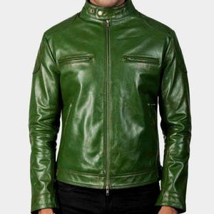 Title: Men’s Green Leather Jacket – Classic Slim Fit Biker Style genuine leather