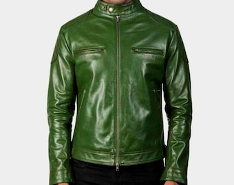 Title: Men’s Green Leather Jacket – Classic Slim Fit Biker Style genuine leather