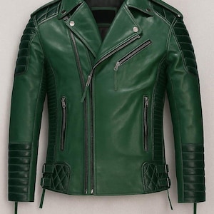 Men’s Green Leather Biker Jacket – Quilted Moto Style with Zipper Details genuine leather