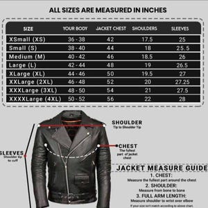 Pode incluir: Uma jaqueta de couro preta com fecho de z&iacute;per, acompanhada por uma tabela de tamanhos em polegadas. A tabela fornece medidas de peito, ombros e mangas, de XS a 4XL. O texto diz "ALL SIZES ARE MEASURED IN INCHES."