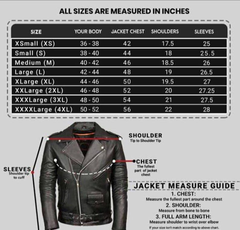 Pode incluir: Uma jaqueta de couro preta com fecho de z&iacute;per, acompanhada por uma tabela de tamanhos em polegadas. A tabela fornece medidas de peito, ombros e mangas, de XS a 4XL. O texto diz "ALL SIZES ARE MEASURED IN INCHES."