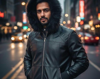 Jaqueta masculina de couro preto com capuz de pele sintética – Casaco de couro genuíno estilo motociclista para o inverno