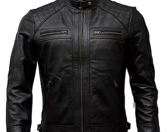 Jaqueta masculina preta em couro legítimo – estilo motociclista com ombros acolchoados.