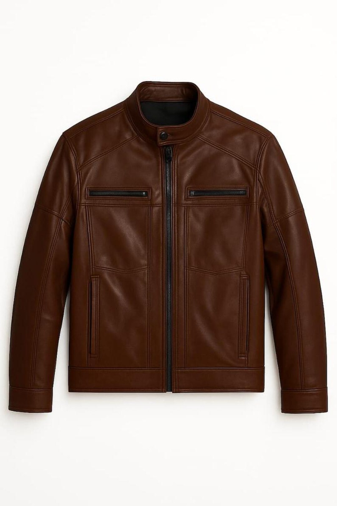 メンズブラウンレザーバイクジャケット：スリムフィットバイカー