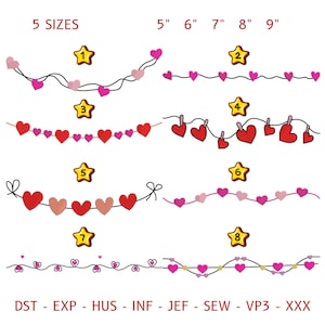 Könnte beinhalten: Auf weißem Hintergrund werden acht herzförmige Designs mit jeweils einem Stern und einer Nummer gezeigt. Die Designs umfassen Herzgirlanden, Herzen auf einer Linie und Herzen, die an einer Linie hängen. Der Text "5 SIZES" und Größenangaben sind ebenfalls vorhanden.