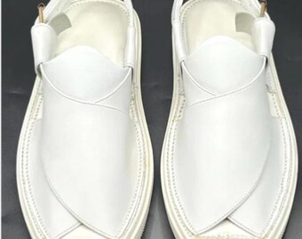 Handmade Leather Peshawari Chappal Sandals - Iconic White Kaptaan Design