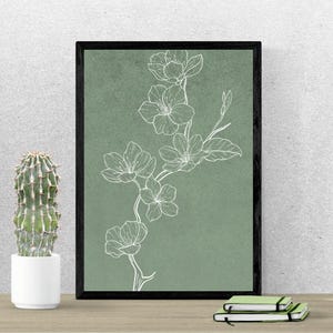 Minimalist Botanical Line Art Print | Neutral Floral Wall Decor | Green Flower Drawing | Modern Nature-Inspired Wall Art