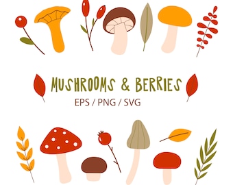 Autumn Mushroom and Berry Clipart: Hand-Drawn Botanical Illustrations (SVG, PNG, EPS) Commercial Use