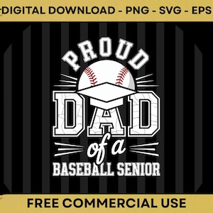 Peut inclure: Conception graphique numérique avec le texte "PROUD DAD of a BASEBALL SENIOR" en blanc, avec un design de baseball et de chapeau de graduation. Le fond est noir avec des rayures verticales. Le design est pour un usage commercial gratuit.