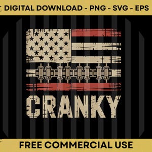 Peut inclure: Un design vieilli représentant un drapeau américain avec une rangée de pièces de moteur et le mot "CRANKY" en gras. Le design est dans des tons rouges, blancs et beiges, adapté aux téléchargements numériques et à un usage commercial.