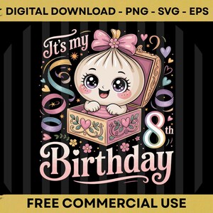 Peut inclure: Un design graphique numérique représentant un personnage de boulette de pâte avec de grands yeux et un nœud rose, assis dans une boîte rose ornée. Le texte indique It's my 8th Birthday, entouré de rubans colorés, de cœurs et de fleurs.