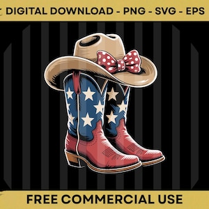 Peut inclure: Illustration d'un chapeau de cowboy avec un nœud à pois rouges et blancs et une paire de bottes de cowboy rouges et bleues avec des étoiles blanches. L'image comprend le texte "TÉLÉCHARGEMENT NUMÉRIQUE - PNG - SVG - EPS" et "UTILISATION COMMERCIALE GRATUITE".