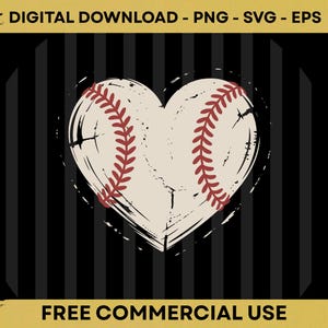 Peut inclure: Un graphique numérique représentant une balle de baseball en forme de cœur avec des coutures rouges sur un fond à rayures verticales noires et gris foncé. Le texte indique DIGITAL DOWNLOAD - PNG - SVG - EPS et FREE COMMERCIAL USE.