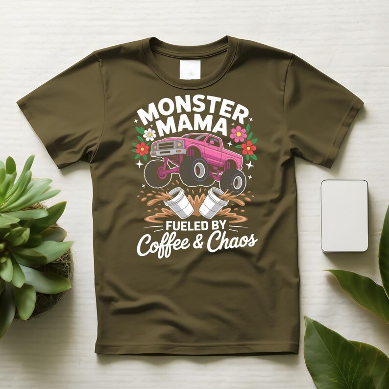 May include: Olive green t-shirt featuring a pink monster truck graphic with the words "Monster Mama" and "Fueled by Coffee & Chaos." The design includes flowers and coffee cups, creating a fun and energetic vibe.