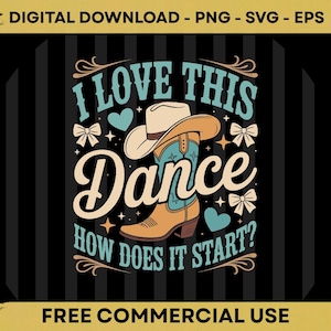 Könnte beinhalten: Ein digitales Grafikdesign mit einem Cowboyhut und einem Stiefel sowie dem Text I LOVE THIS DANCE HOW DOES IT START? Das Design enthält hellblaue Herzen, kleine Schleifen und Sternakzente auf einem schwarzen Hintergrund mit vertikalen Streifen.