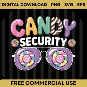 Puede incluir: Un diseño gráfico colorido con las palabras "CANDY SECURITY" en letras lúdicas con temática de dulces. El diseño incluye gafas de sol con lentes de piruleta y detalles de caramelos, sobre un fondo de rayas blancas y negras.