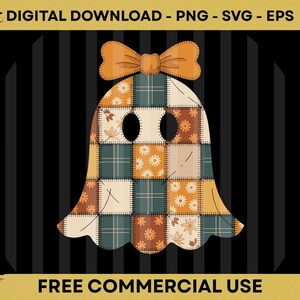 Peut inclure: Un motif de fantôme patchwork avec un nœud orange, composé d'un mélange de carrés de tissu floral, à carreaux et unis. Le fantôme a des yeux ovales et un bas incurvé. Le texte "DIGITAL DOWNLOAD - PNG - SVG - EPS" et "FREE COMMERCIAL USE" est inclus.