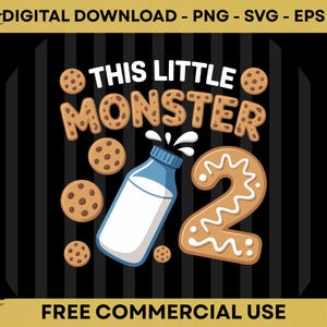Peut inclure: Graphique numérique avec le texte "THIS LITTLE MONSTER" au-dessus d'un biscuit en pain d'épices en forme de chiffre "2" et d'une bouteille de lait. Des cookies aux pépites de chocolat et les mots "FREE COMMERCIAL USE" sont également inclus.