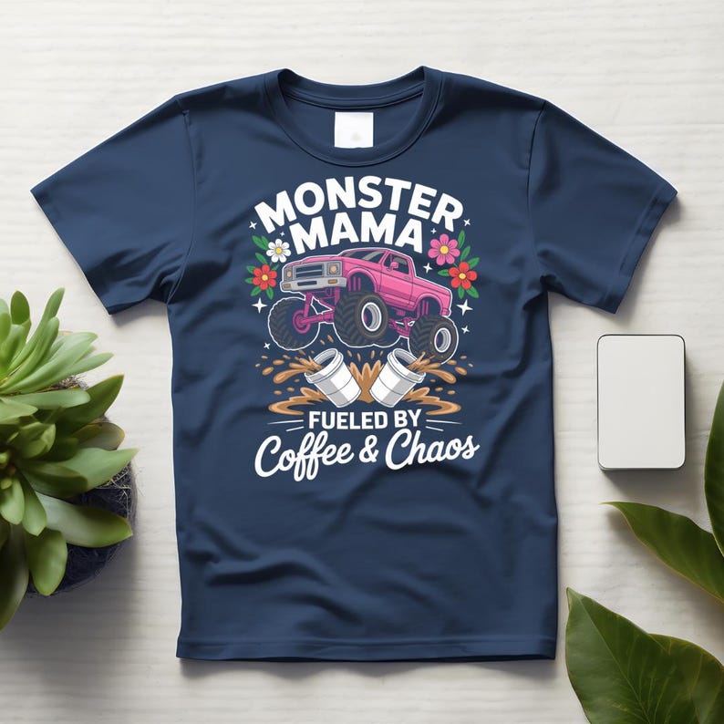 May include: Navy blue t-shirt with a graphic featuring a pink monster truck, flowers, and the text "MONSTER MAMA" above and "FUELED BY COFFEE & CHAOS" below. The design includes coffee cups and splashes.