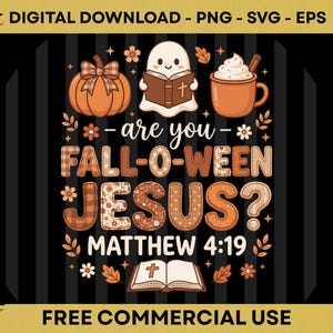Peut inclure: Un design graphique numérique avec une citrouille, un fantôme lisant un livre et une tasse de cacao. Le texte indique : are you FALL-O-WEEN JESUS? MATTHEW 4:19. En dessous se trouve un livre ouvert avec une croix. Tons orange, marron et blanc.