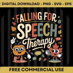 Peut inclure: Un design graphique numérique avec le texte FALLING FOR SPEECH THERAPY dans des couleurs rétro. L'image comprend une citrouille dessin animé portant des lunettes et une feuille d'érable tenant une tablette, entourées de feuilles d'automne.