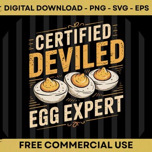 May include: A digital graphic design featuring the text CERTIFIED DEVILED EGG EXPERT in bold yellow letters. Below the text are three illustrations of halved deviled eggs with yellow yolks on a black background with vertical stripes and yellow borders.