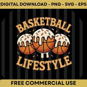 Peut inclure: Graphique numérique avec trois ballons de basket recouverts de glaçage blanc et de vermicelles. Les mots "BASKETBALL LIFESTYLE" sont disposés en arc au-dessus et en dessous des ballons, sur un fond à rayures noires et dorées.