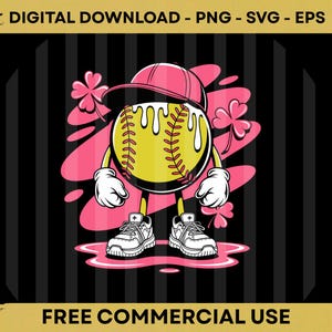 Peut inclure: Un personnage de dessin animé de baseball portant une casquette de baseball rose et des baskets. La balle de baseball est jaune avec des gouttes blanches et des coutures rouges. Des feuilles de trèfle roses et un fond rose sont également présents. Le texte "DIGITAL DOWNLOAD - PNG - SVG - EPS" et "FREE COMMERCIAL USE" est inclus.