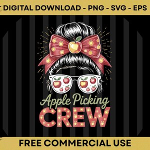 Peut inclure: Graphique de téléchargement numérique représentant une femme avec un chignon décoiffé, portant des lunettes avec des motifs de pommes et un nœud rouge avec des accents de pommes. Le texte indique "Apple Picking Crew" et "Free Commercial Use."