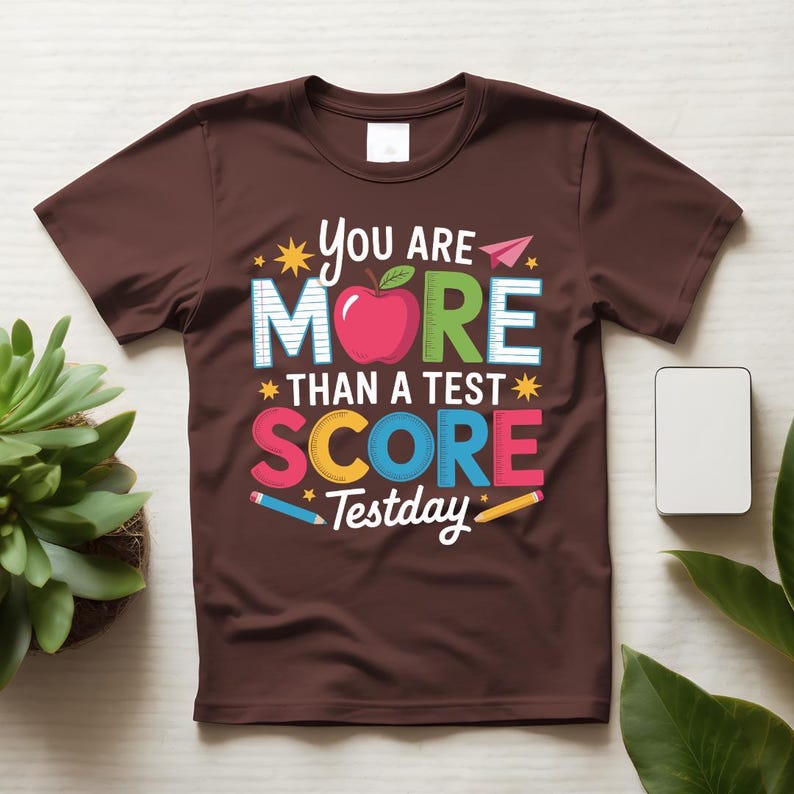 May include: A brown t-shirt with the text "You Are More Than A Test Score Testday" in colorful letters and a red apple graphic. The shirt has a crew neck and short sleeves. The design includes stars and pencil graphics.