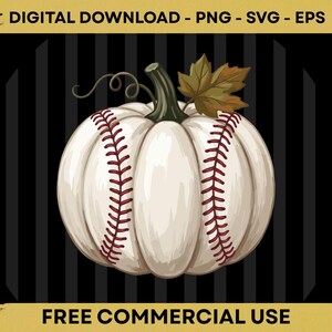 Peut inclure: Un graphique numérique représentant une citrouille blanche avec des coutures de baseball rouges, une tige vert foncé et une feuille d'érable brune. Le fond est composé de rayures verticales noires. Le texte en haut indique DIGITAL DOWNLOAD - PNG - SVG - EPS.