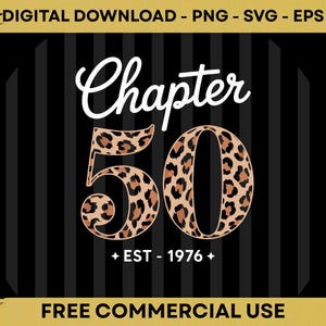 Puede incluir: Un diseño digital con el texto "Chapter 50" en escritura blanca sobre el número 50, estampado con un diseño de leopardo. El texto "EST - 1976" está debajo. El fondo es negro con rayas verticales.
