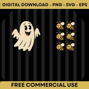 May include: A digital graphic featuring a cream-colored cartoon ghost on the left and six small yellow and black striped bees arranged in two columns on the right, set against a black background with vertical stripes and text at the top and bottom.