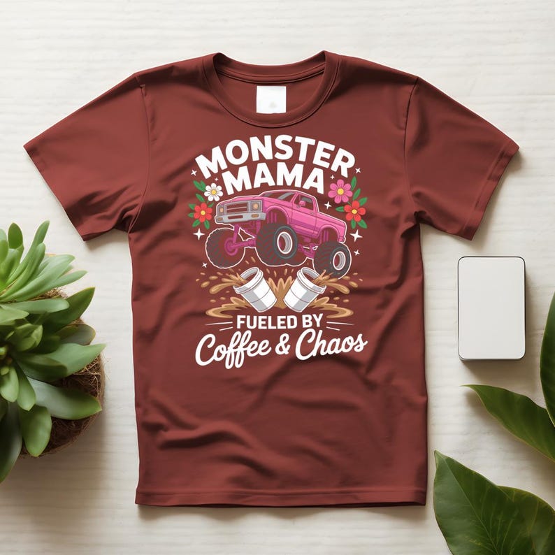 May include: A maroon t-shirt featuring a graphic design. The design includes the words "MONSTER MAMA" above a pink monster truck illustration. Below the truck, the text reads "FUELED BY Coffee & Chaos". Floral and coffee cup graphics complete the design.