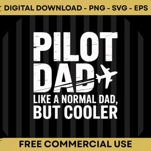 Könnte beinhalten: Ein digitaler Download-Grafik mit dem Text "PILOT DAD" in großen weißen Buchstaben, begleitet von einer kleinen Flugzeuggrafik. Der Satz "LIKE A NORMAL DAD, BUT COOLER" steht darunter. Der Hintergrund ist schwarz mit vertikalen Streifen.