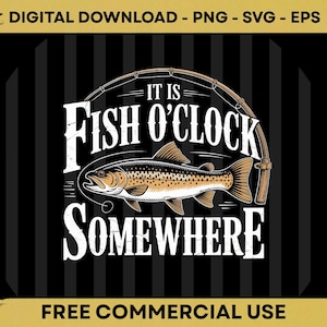 Peut inclure: Un design graphique numérique présentant une illustration de truite brune centrée sous une canne à pêche courbée. Le texte indique IT IS FISH O'CLOCK SOMEWHERE en lettres blanches. L'arrière-plan est composé de rayures verticales noires et grises.