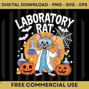 May include: A cartoon illustration of a lab rat in goggles and a lab coat, holding beakers. The image includes pumpkins, bats, a spider web, and the text "LABORATORY RAT". The background is black with vertical stripes, and the text "FREE COMMERCIAL USE".