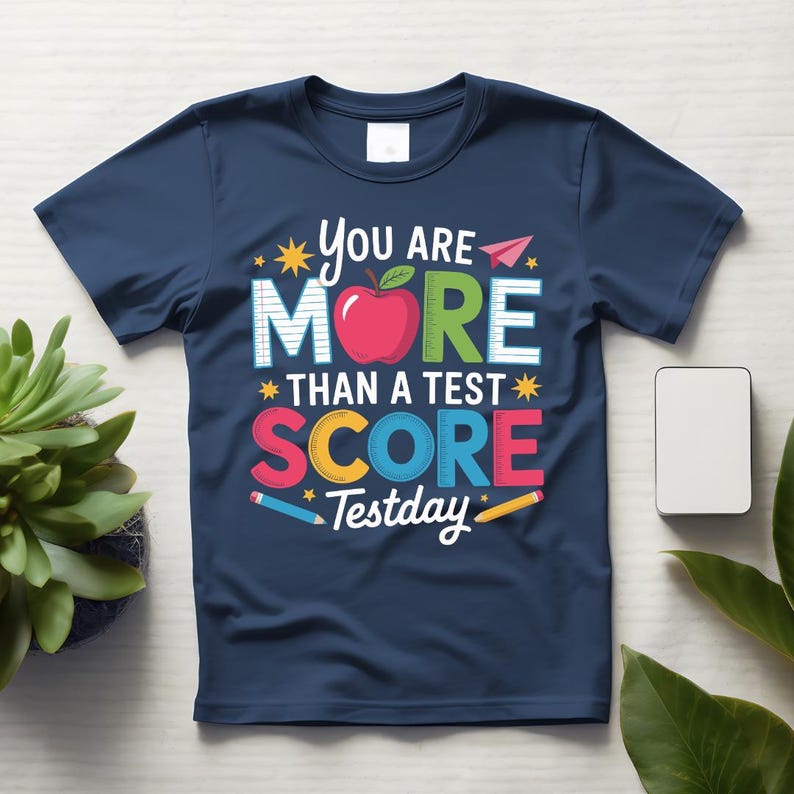 May include: Navy blue t-shirt with the text "You Are More Than a Test Score Testday" in colorful letters. The design includes an apple, pencils, and stars.