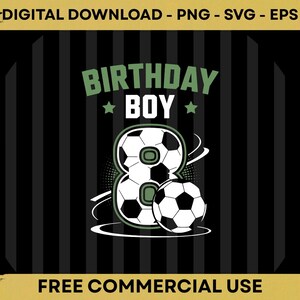 Ontwerp met voetbalthema voor de 8e verjaardag van een jongen, digitale download in PNG-, SVG- en EPS-bestanden.