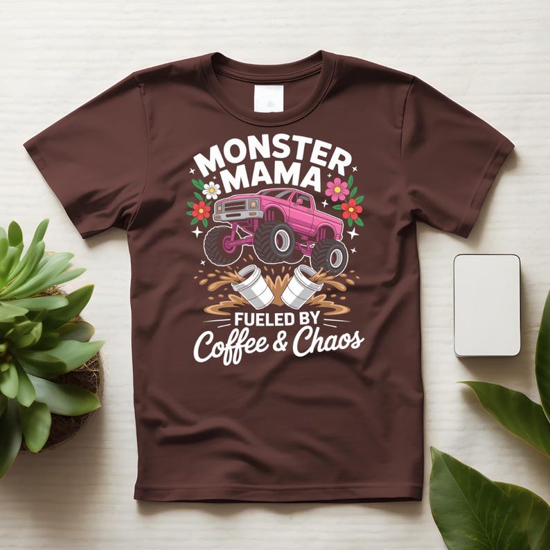 May include: A brown t-shirt featuring a pink monster truck graphic with the words "MONSTER MAMA" above and "FUELED BY Coffee & Chaos" below. The design includes coffee cups and floral accents.