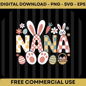 Peut inclure: Graphique numérique avec le mot "NANA" en lettres colorées et à motifs, avec des oreilles de lapin, des empreintes de pattes, des œufs de Pâques et des fleurs. Le design est sur fond rayé noir et gris, avec du texte en haut et en bas.