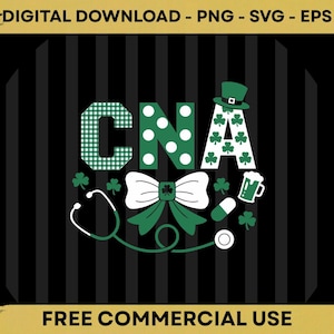 Puede incluir: Gráfico digital con las letras "CNA" en verde y blanco, con un estetoscopio, un lazo, tréboles y una jarra de cerveza. El fondo es negro con rayas verticales, y el texto "FREE COMMERCIAL USE" está en la parte inferior.