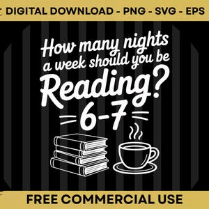 Peut inclure: Graphique de téléchargement numérique avec le texte "How many nights a week should you be Reading? =6-7". L'image comprend des illustrations de livres empilés et une tasse à café, le tout en blanc sur fond noir. Le texte "FREE COMMERCIAL USE" est en bas.