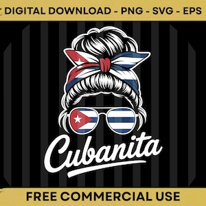 以下が含まれることがあります： キューバ国旗の色とデザインをあしらった、お団子ヘアスタイル、サングラス、ヘアバンドをした女性の顔のデジタルグラフィック。 「Cubanita」の文字が顔の下に筆記体で書かれています。 背景は黒で、縦縞模様です。