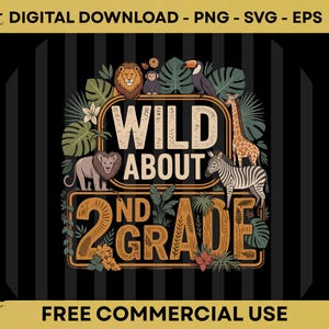 Può includere: Un design grafico digitale che presenta il testo WILD ABOUT 2ND GRADE circondato da illustrazioni di un leone, una scimmia, un tucano, una giraffa e una zebra tra foglie tropicali. Il design include un motivo di sfondo a strisce nere e gialle.